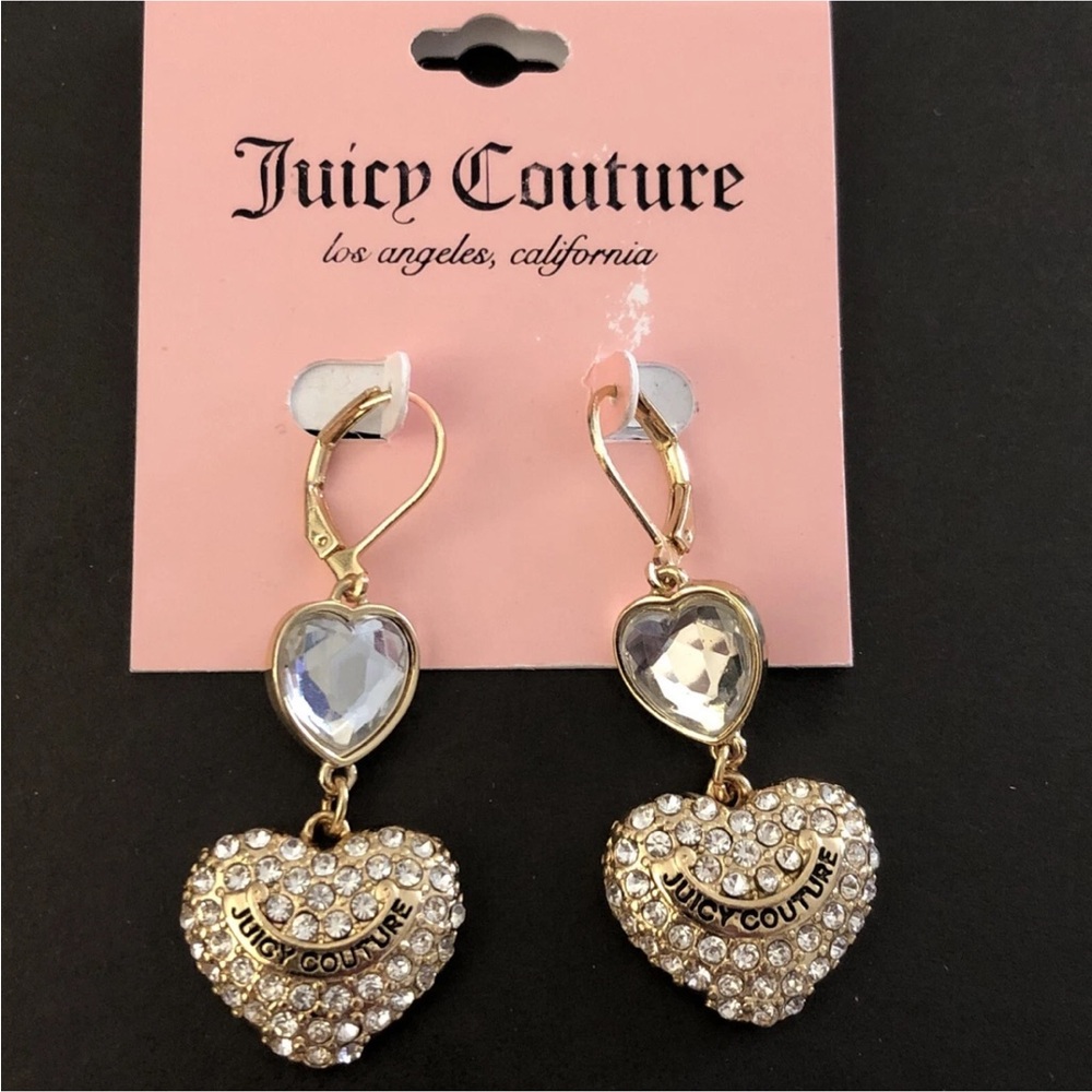 Juicy Couture Gold Tone Double Heart Drop Earrings Logo & Crystal Accents NWT